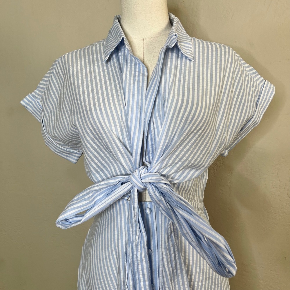 Lulus Blue White Striped Seersucker Tie Collared Midi Dress Size Small NWT - Picture 2 of 11